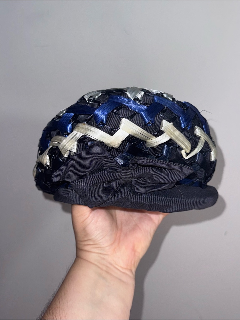 Vintage Dana Original Navy Blue Ivory Woven Straw Cloche Hat Ribbon Bow
